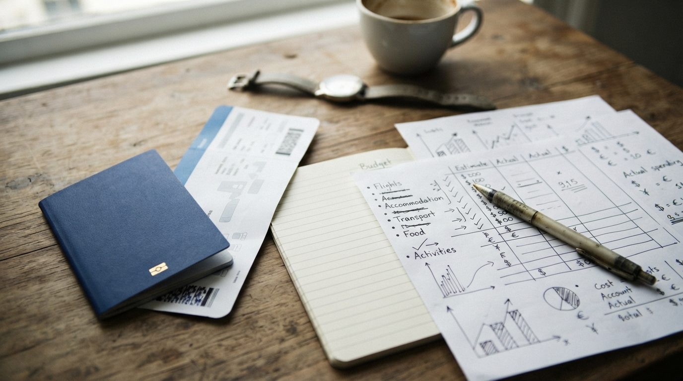 Boardingkort og pas ved siden af rejsebudget-dokumenter