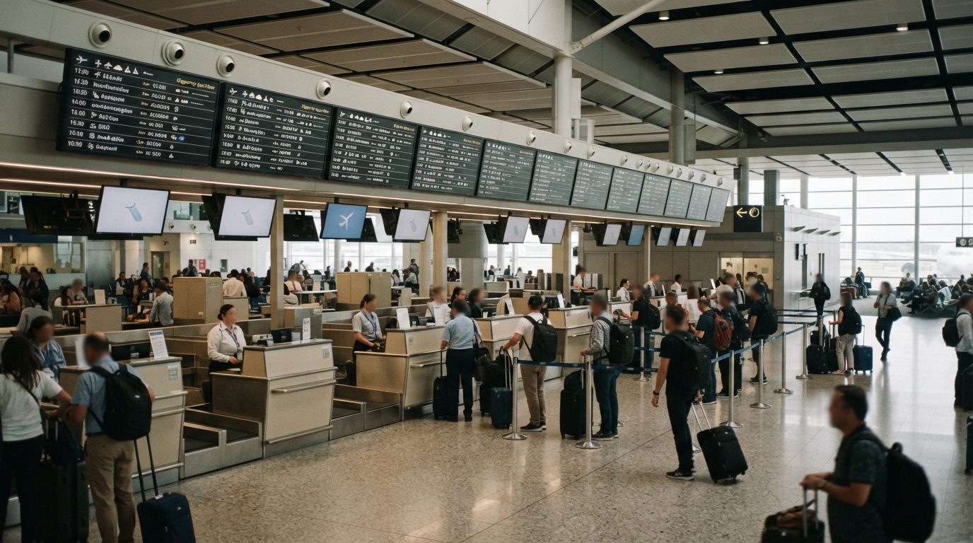 Incheckdisk og afgangstavle på lufthavn
