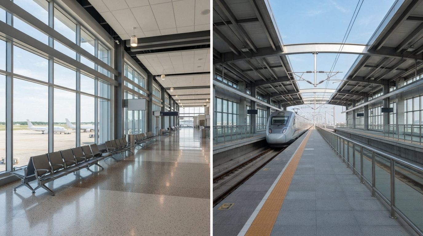 Sammenligning af en lufthavnsterminal og en moderne togperron