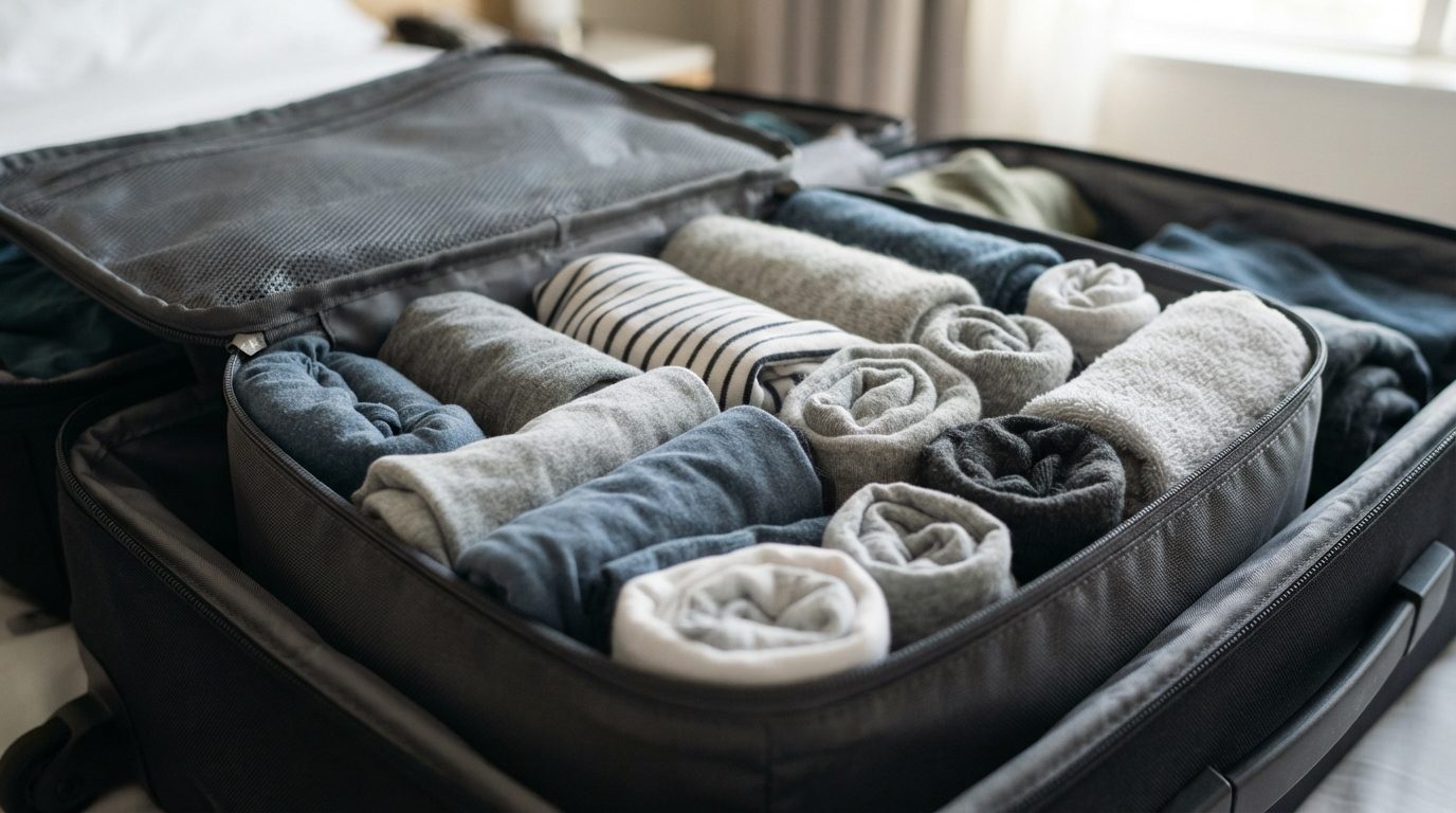 Komprimeret tøj i en pakkekube til organiseret bagage