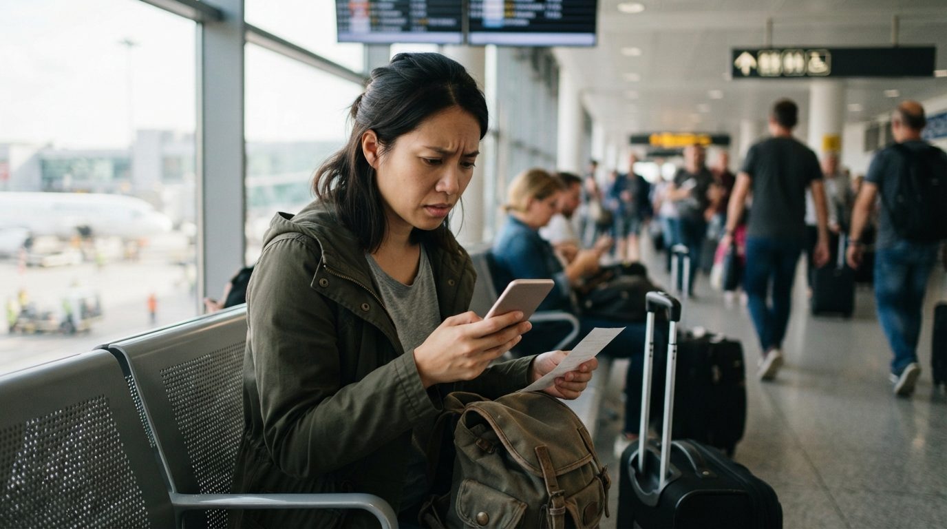 Rejsende tjekker dokumenter på lufthavn